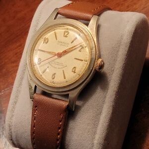 Vintage Swiss Monarch 17 Jewel Manual Wind Watch 1950s Gold Tone Military Style